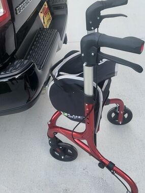 Red Three-Wheel Rollator with Padded Seat